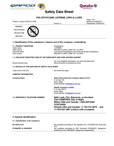 Safety Data Sheet (Polyethyene Lotrene LDPE & LLDPE)